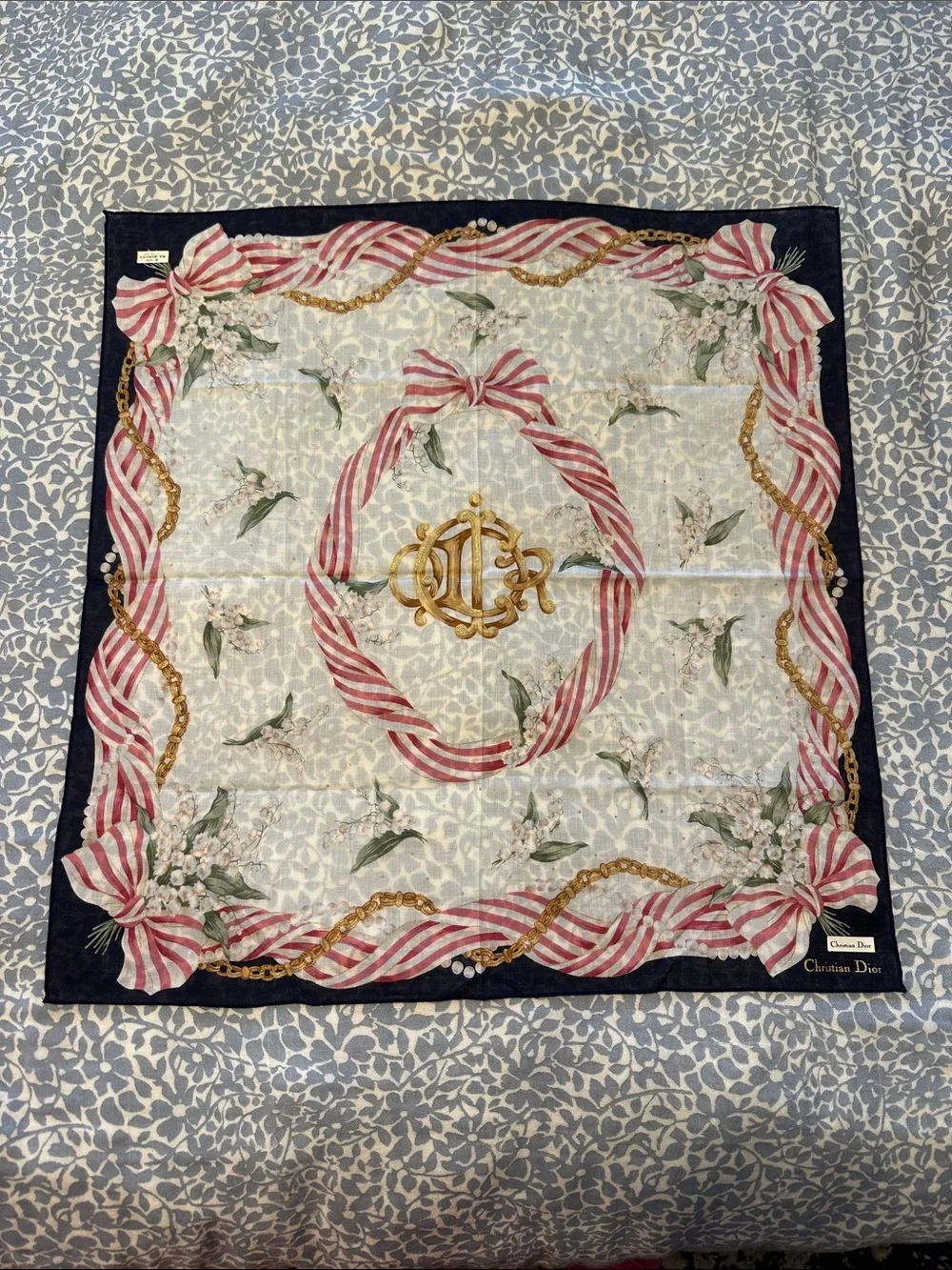 Christian Dior Floral Bow Silk Hair Scarf/Handkerchief - NEW